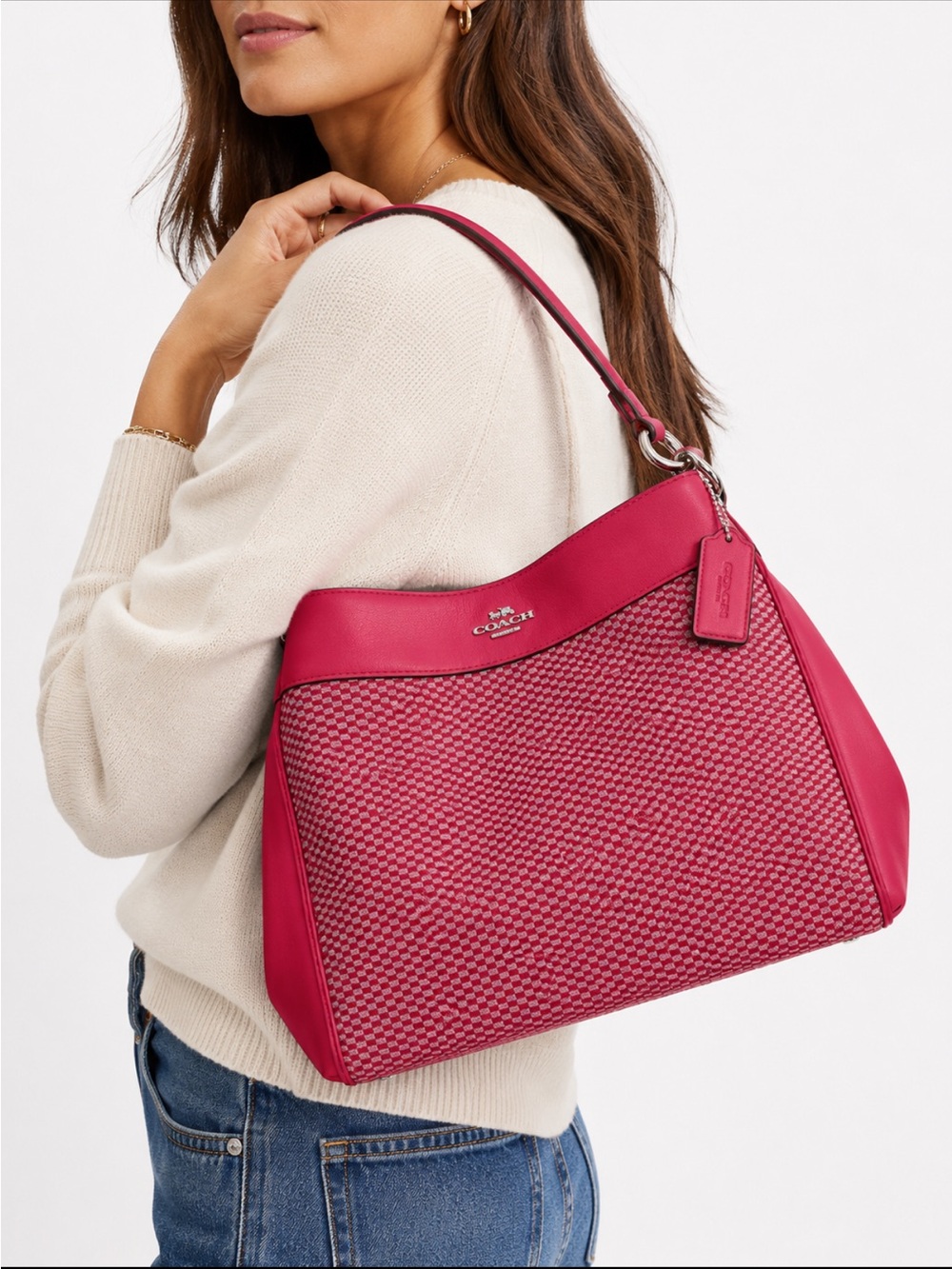 Coach 2017 Lexy Shoulder Bag Legacy Jacquard Style #F57540 and Bright Pink